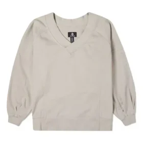 Düz Renk Bol Kesim Örgü V Yaka Bej Kapüşonlu Sweatshirt