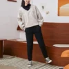 Düz Renk Bol Kesim Örgü V Yaka Bej Kapüşonlu Sweatshirt