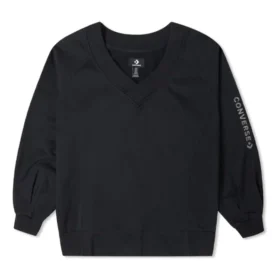 Düz Renk Gevşek Örgü V Yaka Kapüşonlu Sweatshirt Siyah