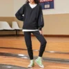 Düz Renk Gevşek Örgü V Yaka Kapüşonlu Sweatshirt Siyah