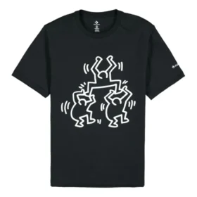 Erkek Converse x Keith Haring Crossover Karikatür Desenli Yuvarlak Yaka Kısa Kollu Siyah