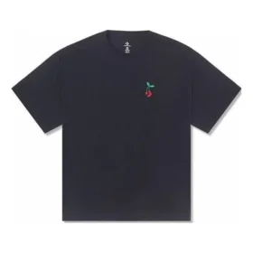 Geniş Kesim Yıldız Şeritli Kiraz Desenli Tişört Asya Bedenleri “Siyah”