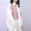 Çiçekli Küçük Logo Renk Bloklu Uzun Kollu Beyaz Pembe Gömlek