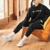 Kontrast Renkli Alfabe İşlemeli Örme Kapüşonlu Sweatshirt Siyah