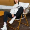 Logo İşlemeli Bol Kesim Polar Kapüşonlu Sweatshirt Beyaz